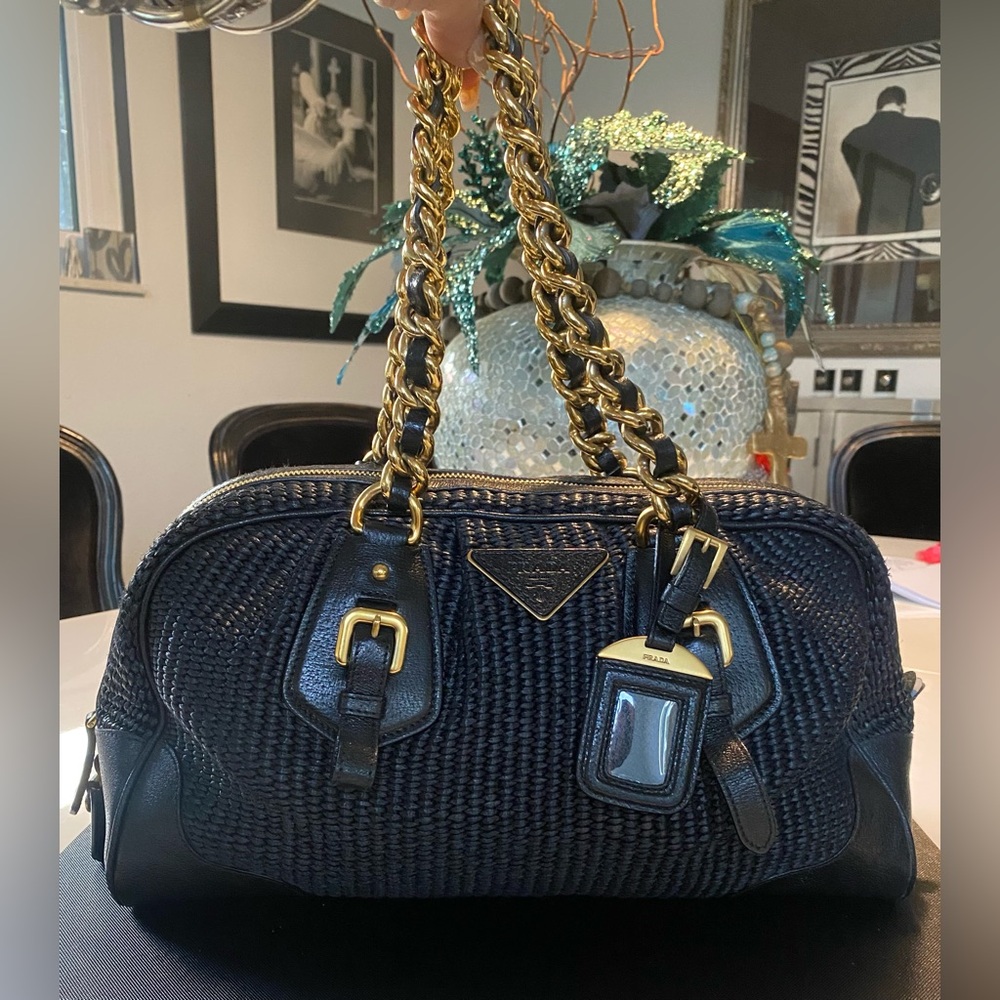 Prada Black Woven Leather Shoulder Bag with Gold Chain Straps
